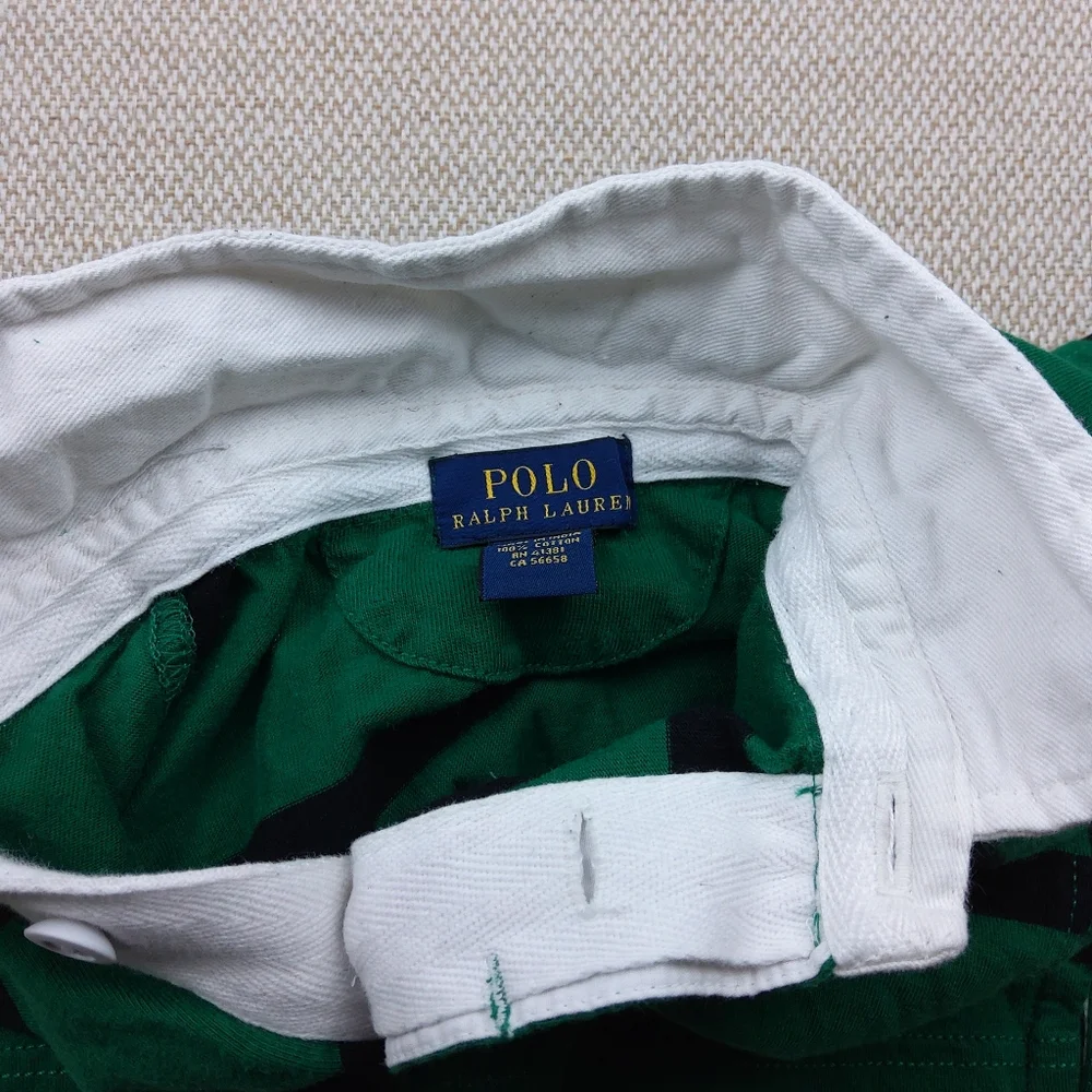 Polo Ralph Lauren, Hoodie L/S Collared Rugby Shirt ,Green W/ Black Stripes, Sz 4